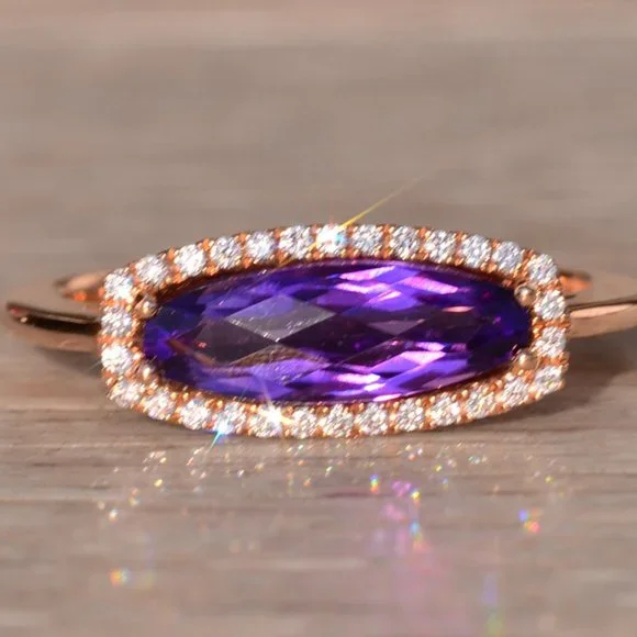 Contemporary Checkerboard Cut Elongated Amethyst and Natural Diamond Halo Ring i